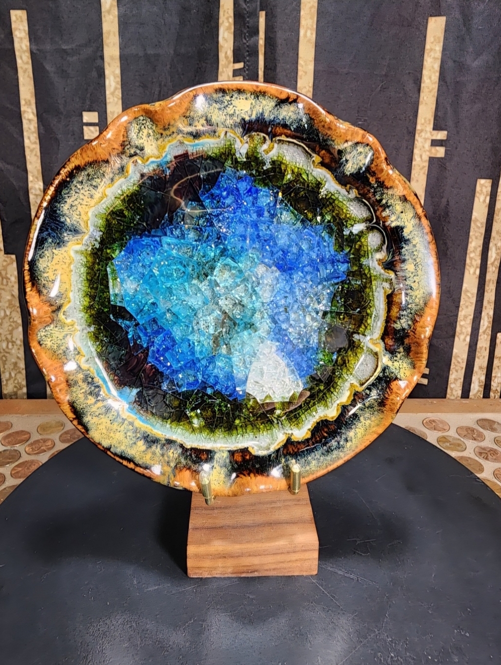 Hand Thrown Pottery Trinket Dish Crackle Glass Center With Stand